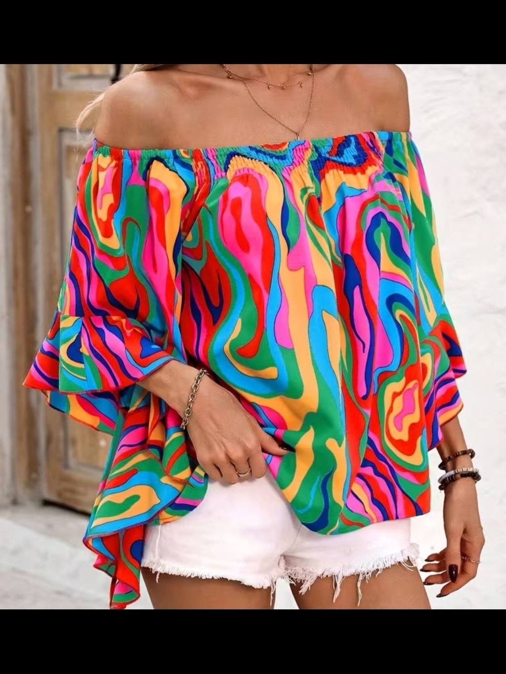 Off-Shoulder Multicolor Swirl Print Blouse - Picture 3 of 4
